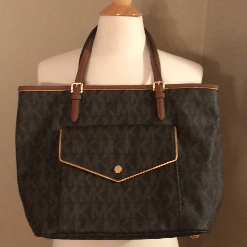 Michael Kors MK Brown Leather Pocket Tote